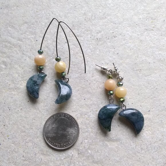 Dark Green Moss Agate Moons + Citrine Beads ~ Unique & Handmade Dangle Earrings - Picture 1 of 12